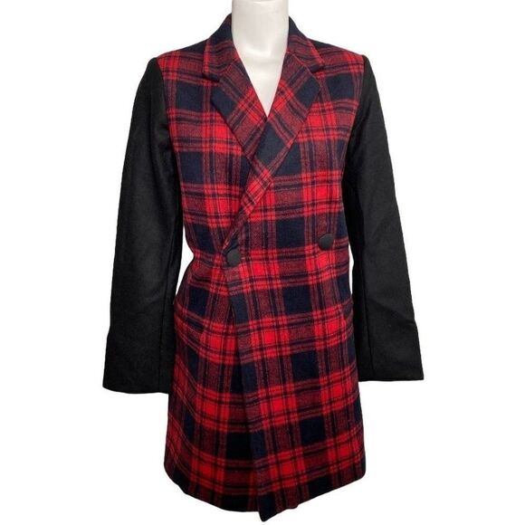 GAP‎ Double-Breasted Peacoat Women's LARGE Black Red Buffalo Plaid Pockets NEW - Picture 1 of 9